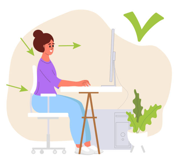 Illustrated figure demonstrating proper posture at a modern workspace with progress indicators
